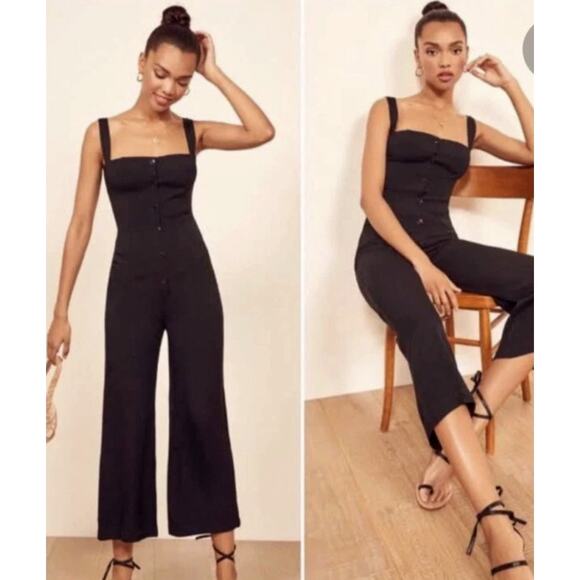 Reformation XS Della 100% LINEN Button Front Straight Leg Jumpsuit 2 Crop Black - Picture 6 of 6